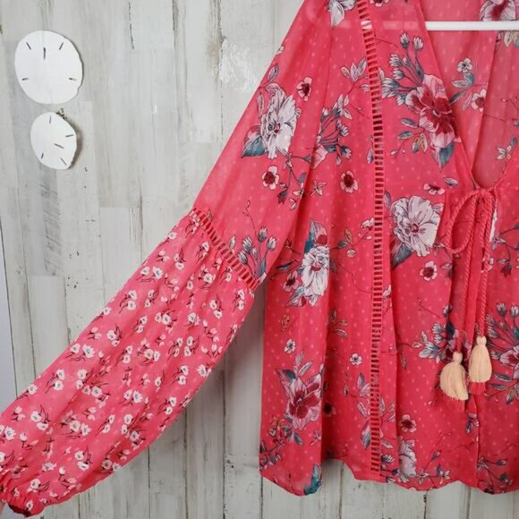 Time and Tru Floral Open Front Top Pink Size Large - Picture 5 of 9